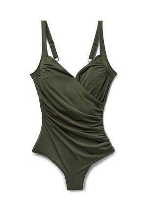 Olivengrøn badedragt i ét stykke med justerbare skulderstropper og rynket stofdetalje foran og på siderne.