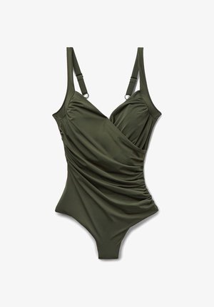 Maillot de bain une-pièce vert olive avec bretelles réglables et détails froncés sur le devant et les côtés.