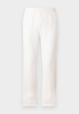 Weiße Leinenhose mit elastischem Bund, geradem Bein und leicht strukturiertem Stoff. Keine Muster oder zusätzlichen Details.