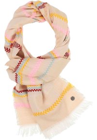 Beige Schal aus leichtem Stoff, verziert mit buntem Zickzack-Stickerei in Rosa, Gelb, Rot und Blau, mit fransigen Kanten.