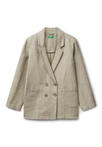 Světle béžový lněný blazer s dvojitým zapínáním, klopovými límci, dvěma předními kapsami a knoflíkovým zapínáním. Horizontální struktura po celém povrchu.