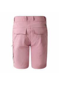 Rosa Cargo-Shorts mit glatter Textur, elastischem Bund, zwei Gesäßtaschen und seitlichen Reißverschlüssen für zusätzlichen Stauraum.