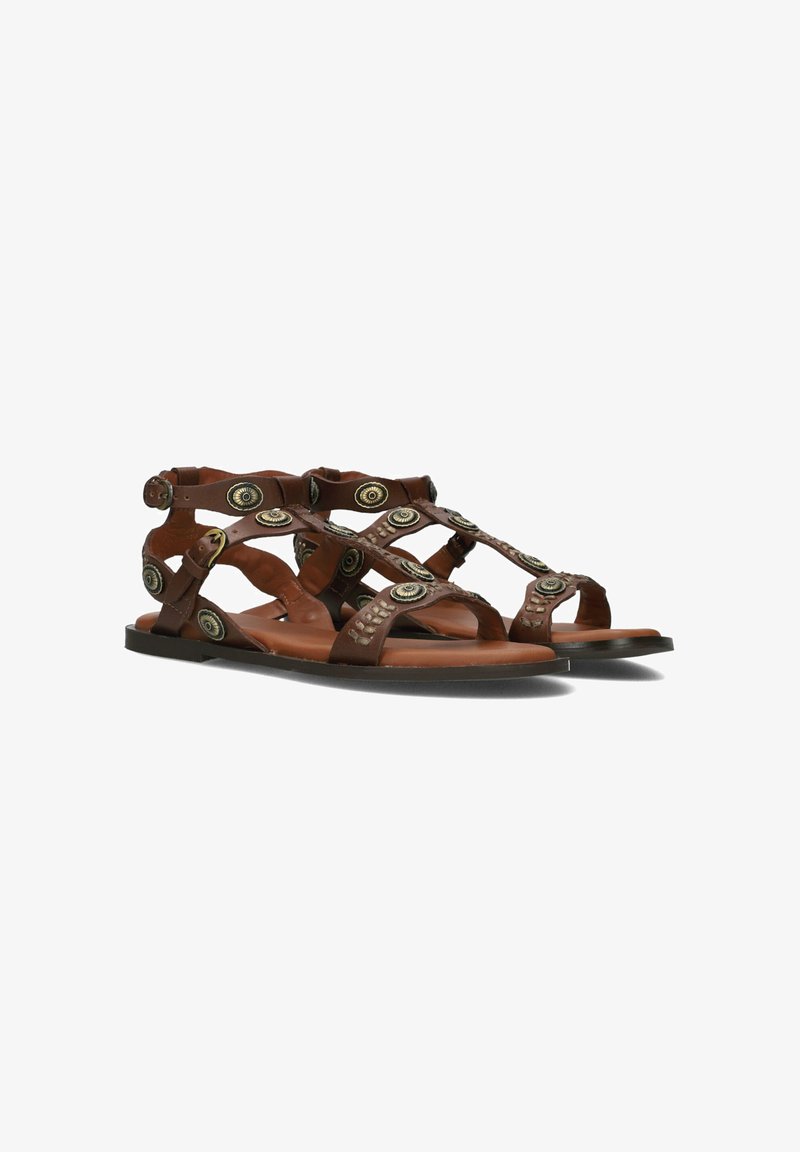 Bruine leren sandalen met meerdere banden, ronde decoratieve accenten en een platte zool. Het ontwerp bevat uitsparingen en gespsluitingen.