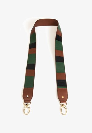 Adjustable bag strap with brown, green, and black wide stripes and gold-tone swivel hook clasps on each end.