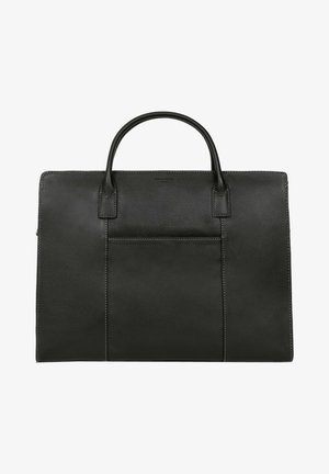 Czarna skórzana teczka na dokumenty z dwoma krótkimi uchwytami, gładką teksturą, prostokątnym kształtem, z przednią kieszenią i minimalistycznym designem.