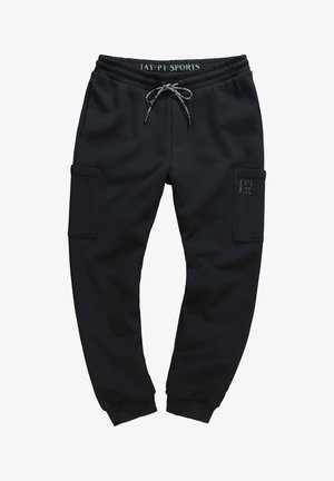 Mustat collegehousut, joissa on elastinen vyötärö, nyöri ja kaksi sivutaskua. Materiaalina on teksturoitu kangas, ja reidessä on hillitty logotuki.