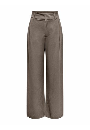 Pantalon taille haute à jambes larges couleur taupe avec passants de ceinture, poches latérales et fermeture éclair devant, en tissu lisse.