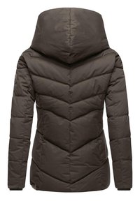Brown puffer jacket with a hood, featuring a chevron quilted pattern and elastic cuffs. Smooth texture with a zippered closure detail.