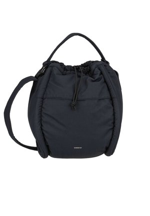 Black drawstring bucket bag with padded sides, top handle, shoulder strap, and small Sandqvist logo on front.
