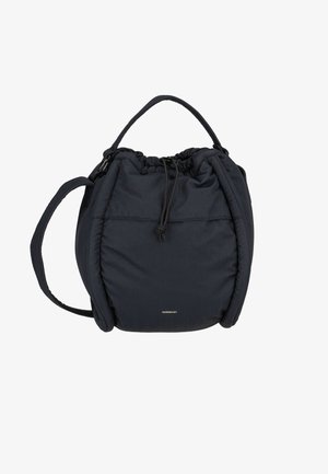 Black drawstring bucket bag with padded sides, top handle, shoulder strap, and small Sandqvist logo on front.