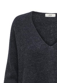 Donkergrijze pullover met V-hals en lange mouwen, gemaakt van een zachte, gestructureerde breisel. Label zegt "JDY."