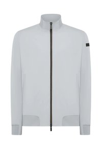 Giacca grigia chiara realizzata in tessuto liscio, con colletto alto, zip centrale, tasche laterali e un accento nero sulla manica.
