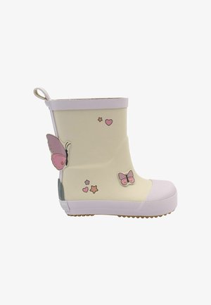 Botte de pluie en caoutchouc jaune avec accents roses, ornée de motifs de papillons et de cœurs, semelle texturée antidérapante et boucle au talon pour un enfilage facile.