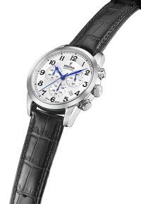 Orologio in acciaio inossidabile argento con quadrante bianco, numeri arabi neri, lancette blu, sottodial del cronografo e cinturino in pelle nera.