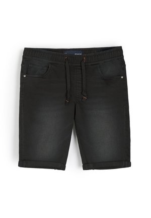 Czarne szorty dżinsowe z elastycznym paskiem ściągającym, podwiniętymi brzegami, dwoma przednimi kieszeniami oraz kontrastowymi pomarańczowymi szwami.