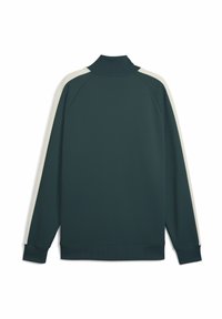 Dunkelgrüner Pullover mit hohem Kragen und gerippten Bündchen, der cremefarbene Seitenstreifen entlang der Ärmel aufweist. Glatte Stoffoberfläche.