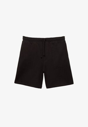 Crne pamučne kratke hlače s elastičnim pojasom na vezanje, koje imaju dva prednja džepa i meku, glatku teksturu.