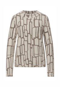 Beige tröja med ett geometriskt brunt mönster, med långa ärmar och rund halsringning, tillverkad av mjukt, texturerat tyg.