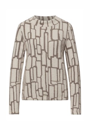 Beiger Pullover mit braunem, geometrischem Muster, langärmlig und mit rundem Ausschnitt, aus weichem, strukturiertem Stoff gefertigt.