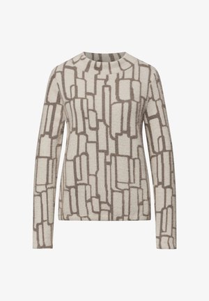 Beige tröja med ett geometriskt brunt mönster, med långa ärmar och rund halsringning, tillverkad av mjukt, texturerat tyg.