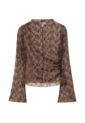 Ruskea puoliläpinäkyvä pitkähihainen pusero, jossa on kukkakuvioinen pitsikuvio, pyöreä pääntie ja lievä rypytys oikealla puolella.