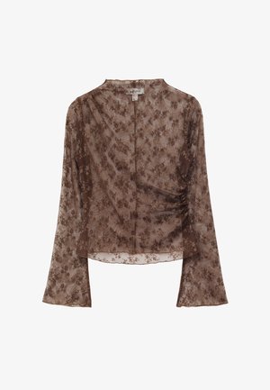 Braune halbtransparente Langarmbluse mit floralem Spitzenmuster, rundem Ausschnitt und leichter Raffung auf der rechten Seite.