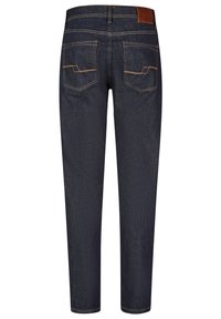 Dunkelblaue Jeans aus Denim mit geradem Schnitt, ausgestattet mit zwei Gesäßtaschen und kontrastierendem orangenem Nähgarn. Lederpatch am Bund.