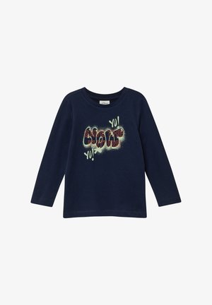 Navyblaues Langarm-Cotton-T-Shirt mit Rundhalsausschnitt, das einen bunten grafischen Text trägt: "Rette die Zukunft" und "Yo!" in kontrastierenden Farben.