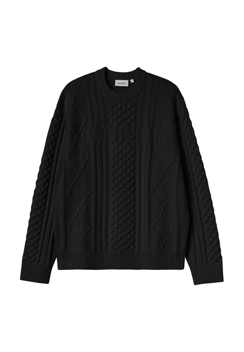 Suéter negro de punto con un patrón texturizado de diamantes y trenzas, con puños acanalados y dobladillo. Fabricado con una tela gruesa y cálida. Escote redondo.