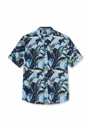 Hellblaues Kurzarm-Knopfhemd mit dunkelblauem und grünem tropischem Blattmuster.