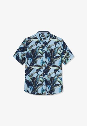 Hellblaues Kurzarm-Knopfhemd mit dunkelblauem und grünem tropischem Blattmuster.