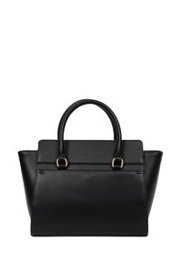 Zwarte leren handtas met twee ronde handvatten, gestructureerde vorm en subtiele, gepolijste textuur, voorzien van goudkleurige hardware en minimale details.
