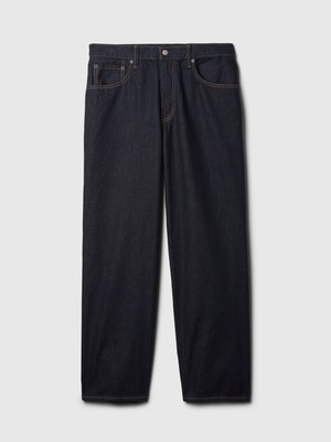 Mørke denim jeans med rett snitt, med knapp- og glidelås-lukking, to frontlommer og kontrasterende oransje søm.