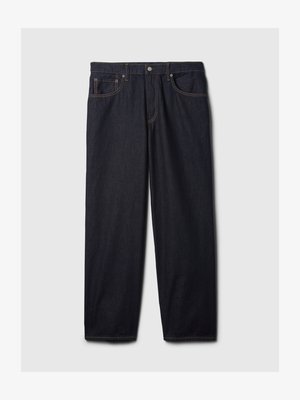 Dark denim jeans with a straight cut, featuring a button and zipper closure, two front pockets, and contrasting orange stitching.