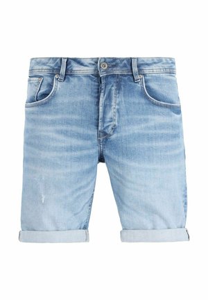 Shorts in denim bluastro con un aspetto sbiadito, caratterizzati da risvolti, cinque tasche e chiusura con bottone. Tessuto testurizzato con lievi segni di usura.