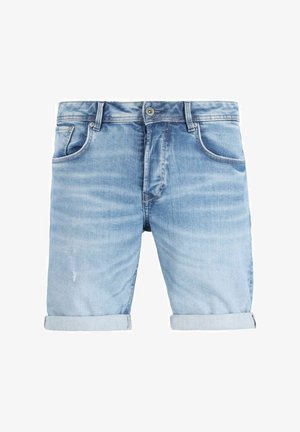 Světle modré džíny šortky s vybledlým vzhledem, se založenými manžetami, pěti kapsami a knoflíkovým zapínáním. Texturovaná látka s mírným poškozením.