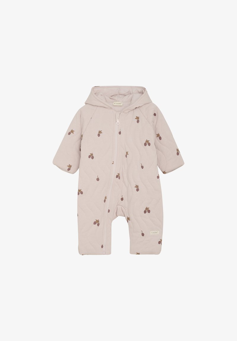 Rosa gesteppter Baby-Schlafanzug mit Kapuze, ausgestattet mit einem Reißverschluss vorne und kleinen Kirschmustern. Weicher Stoff mit langen Ärmeln.