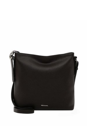 Black leather shoulder bag with a textured finish, zip closure, and adjustable strap. Features subtle logo detail on the front.