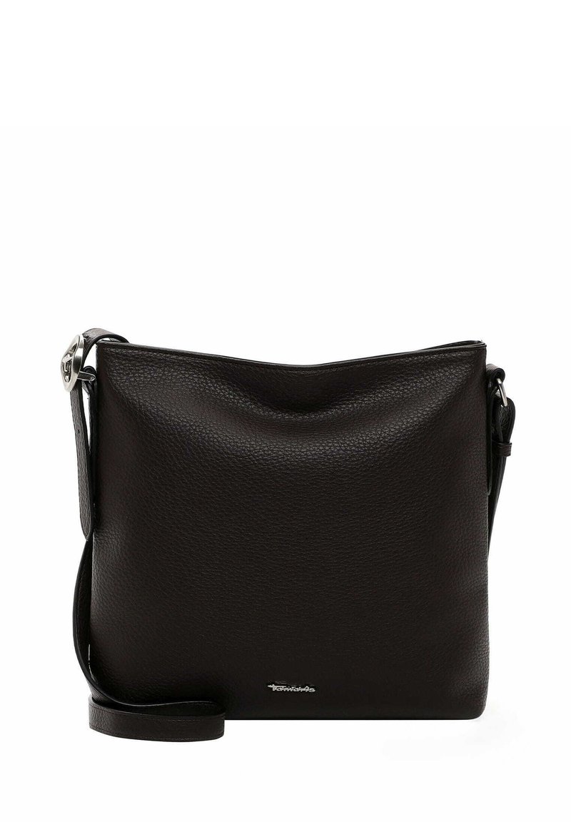 Borsa a spalla in pelle nera con finitura testurizzata, chiusura con zip e tracolla regolabile. Presenta un sottile dettaglio del logo sulla parte anteriore.
