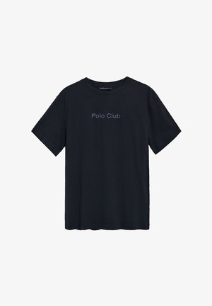 T-shirt en coton noir à manches courtes, col rond, avec le texte "Polo Club" brodé en couleur claire sur la poitrine.
