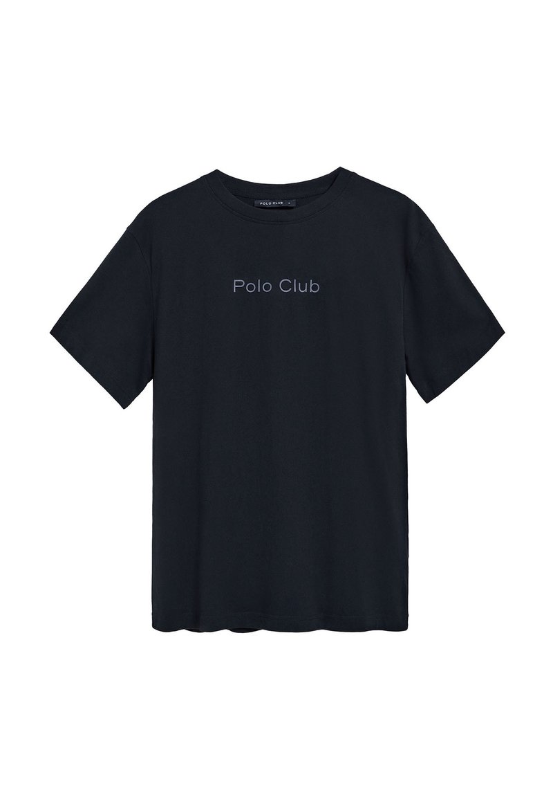 Svart bomull t-shirt med korta ärmar, rund hals och "Polo Club" text broderad i ljus färg över bröstet.