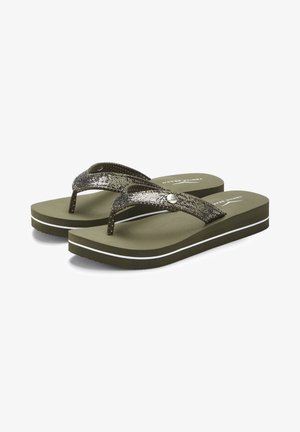 Green flip-flops with a textured metallic strap, featuring a small metal accent. Thick cushioned sole with a white stripe detail.