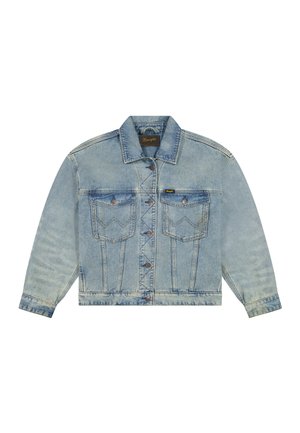 Jachetă din denim albastru deschis cu închidere cu nasturi, două buzunare frontale cu clapetă și nasturi, și guler.