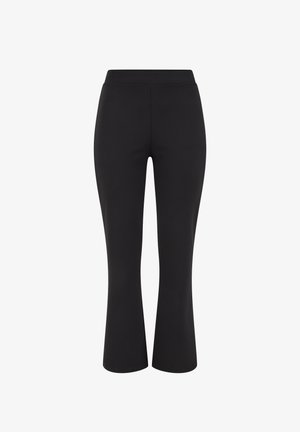 Sorte leggings med en tætsiddende design, udsvingende kant og elastisk talje. Fremstillet af et glat, strækbart materiale uden mønstre eller pynt.