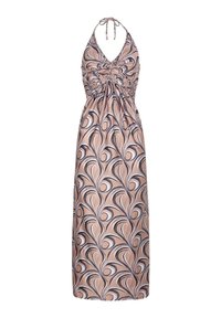 Robe longue dos nu avec buste froncé et motif tourbillonnant abstrait en beige, noir et blanc.