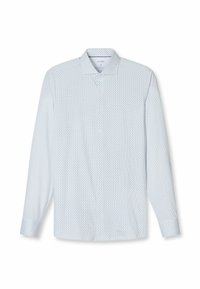 Hellblaues Langarmshirt aus Baumwolle mit einem kleinen geometrischen Muster, Knopfleiste und Kentkragen.
