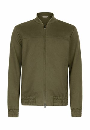 Herre bomberjakke i olivengrøn med frontlynlås, elastiske manchetter og kant, med en båndkrave og syning på skuldrene.