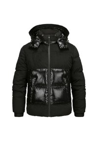 Schwarze Steppjacke mit gerippter Textur, glänzenden Einsätzen, Kapuze und фронтальных Taschen. Verfügt über einen zentralen Reißverschluss und elastische Bündchen.