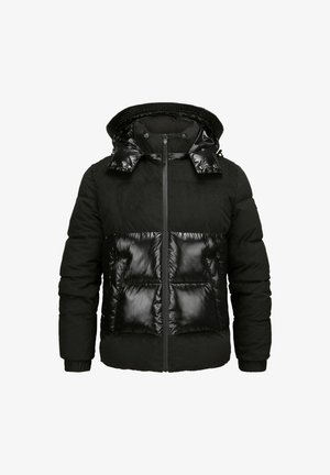 Schwarze Steppjacke mit gerippter Textur, glänzenden Einsätzen, Kapuze und фронтальных Taschen. Verfügt über einen zentralen Reißverschluss und elastische Bündchen.