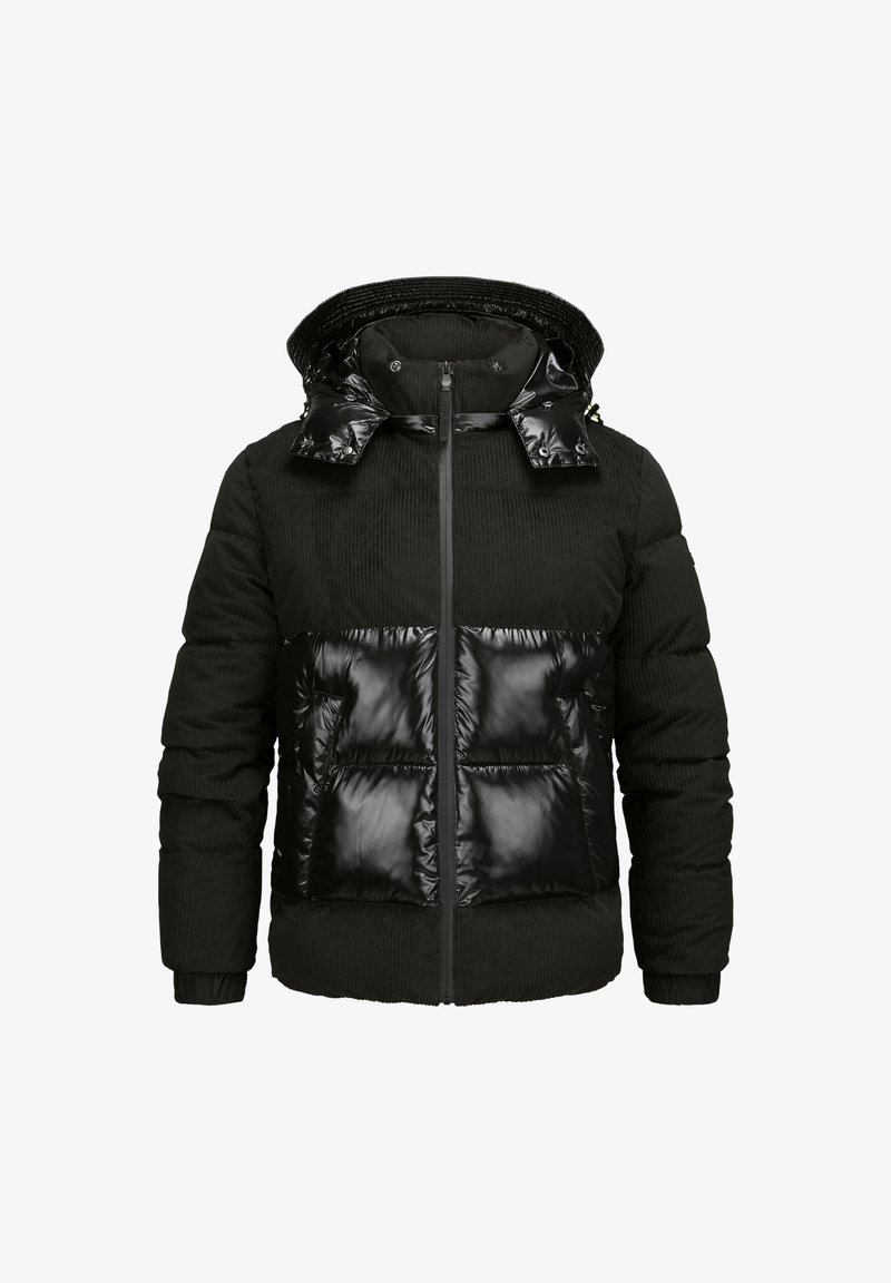 Schwarze Steppjacke mit gerippter Textur, glänzenden Einsätzen, Kapuze und фронтальных Taschen. Verfügt über einen zentralen Reißverschluss und elastische Bündchen.